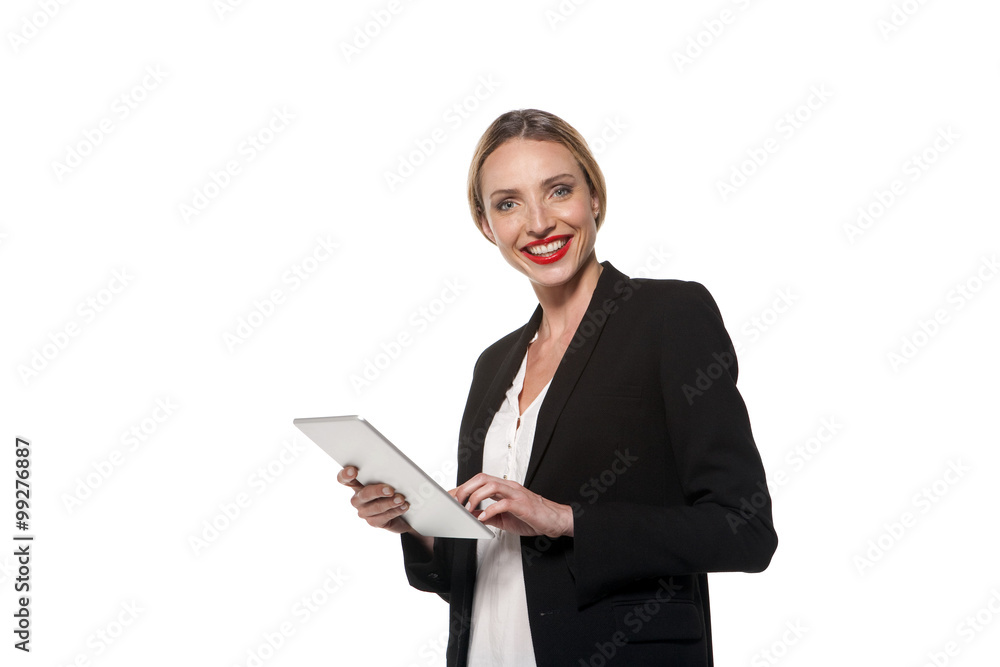 Woman using a tablet isolated on white Woman using a tablet isolated on white