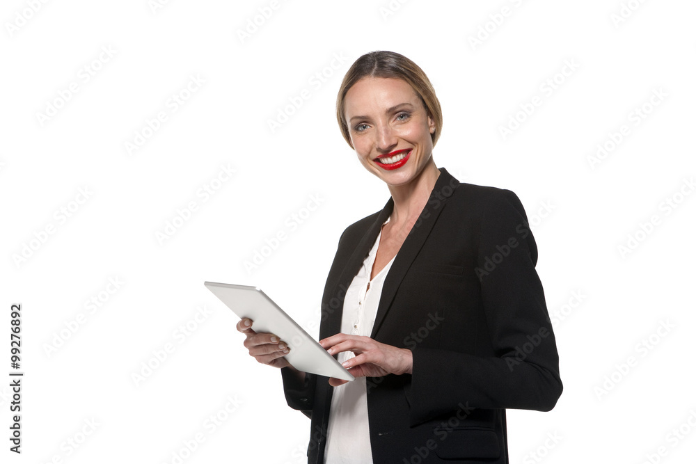 Woman using a tablet isolated on white Woman using a tablet isolated on white