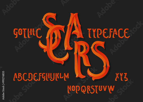 Gothic "Scars" typeface. Vintage beveled burning red font on dark background.
