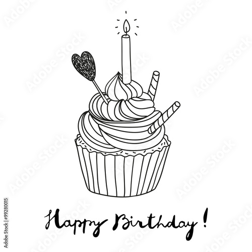 hand drawn vector birthday postcard with a cupcake