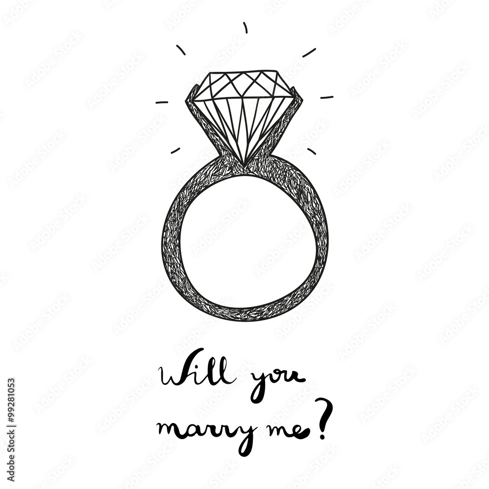 hand drawn vector engagement ring with text will you marry me Stock Vector  | Adobe Stock