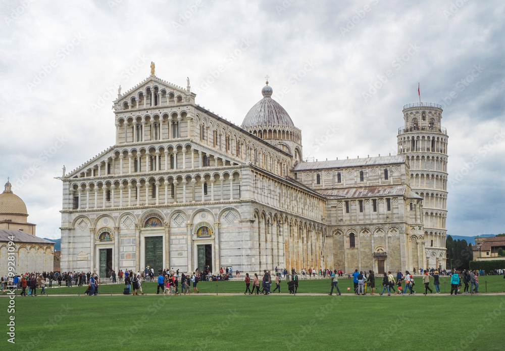 View of cathedral and The Leaning Tower of Pisa, Italy,A Cloudy