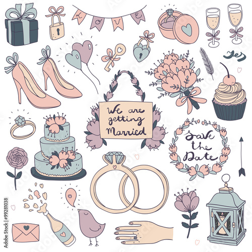 hand drawn vector wedding set..