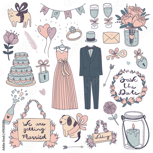 hand drawn vector wedding set..