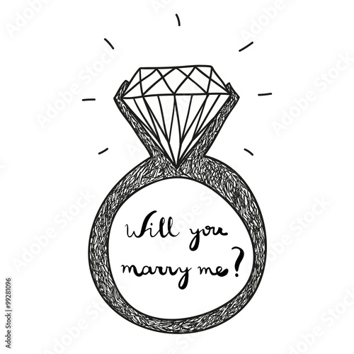 hand drawn vector engagement ring with text will you marry me