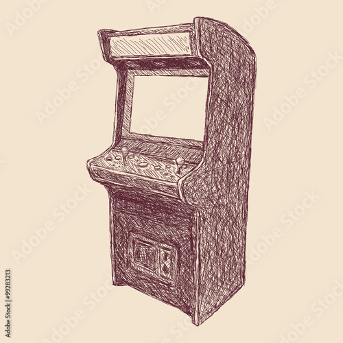 vector illustration - sketch style drawing of arcade cabinet, isolated vintage item