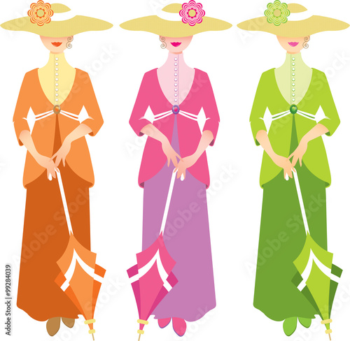 Trio of ladies dressed in the style of the late 1800s - early 1900s