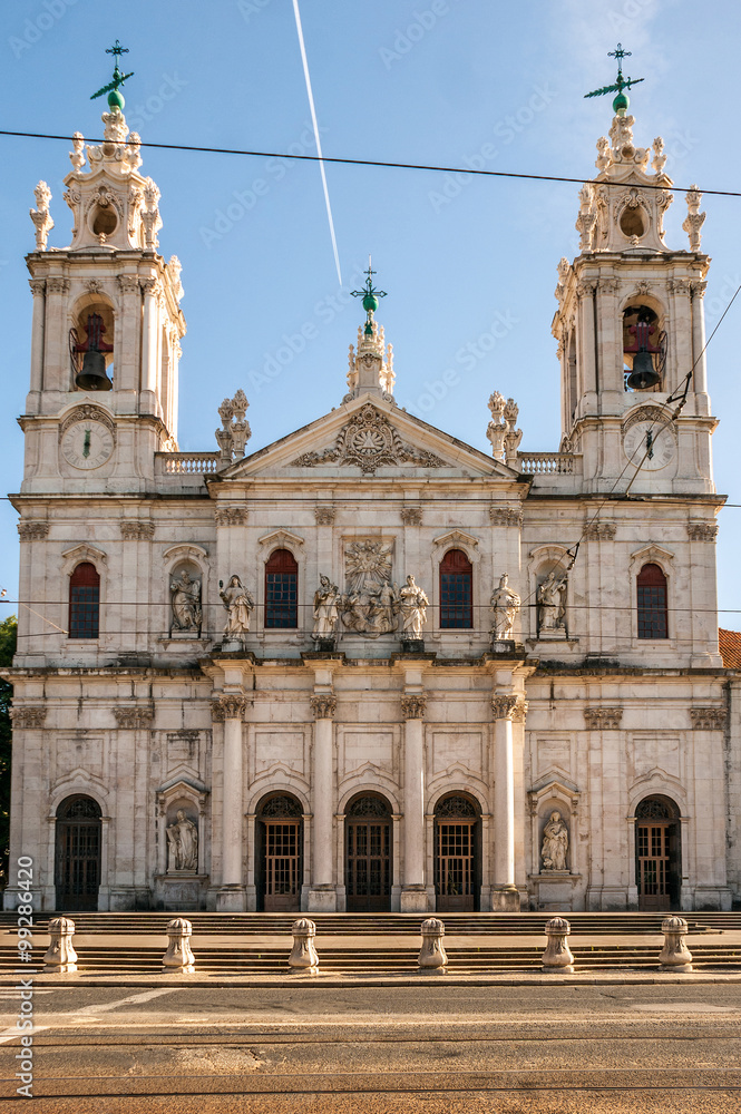 Main facade of The Estrela Basilica during a sunny day in Lisbon, capital of Portugal