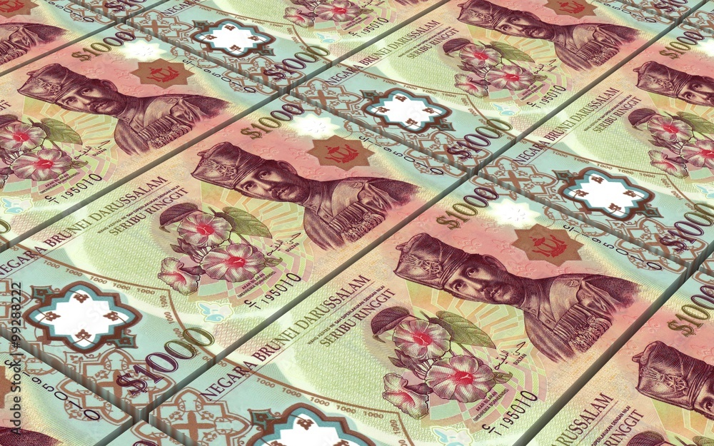 Obraz premium Brunei dollar bills stacks background. Computer generated 3D photo rendering.