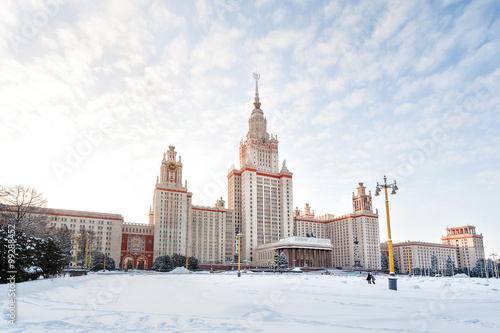 The main building of Moscow State University (MGU) in sunny winter day, Russia.