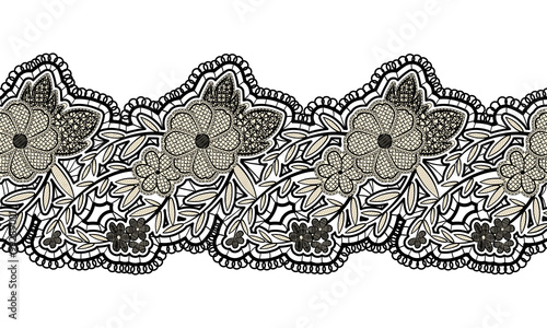 Black seamless lace ribbon isolated on white background. Floral seamless border for design.
