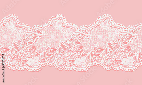 White and pink seamless lace tape on pink background. Floral seamless border for design. photo