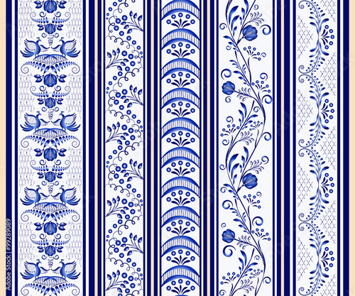 Set of seamless vertical borders in the ethnic style of painting on porcelain.