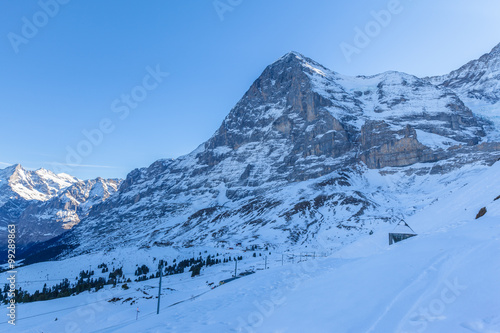 View of Eiger North face from Kleine Scheidegg in Winter