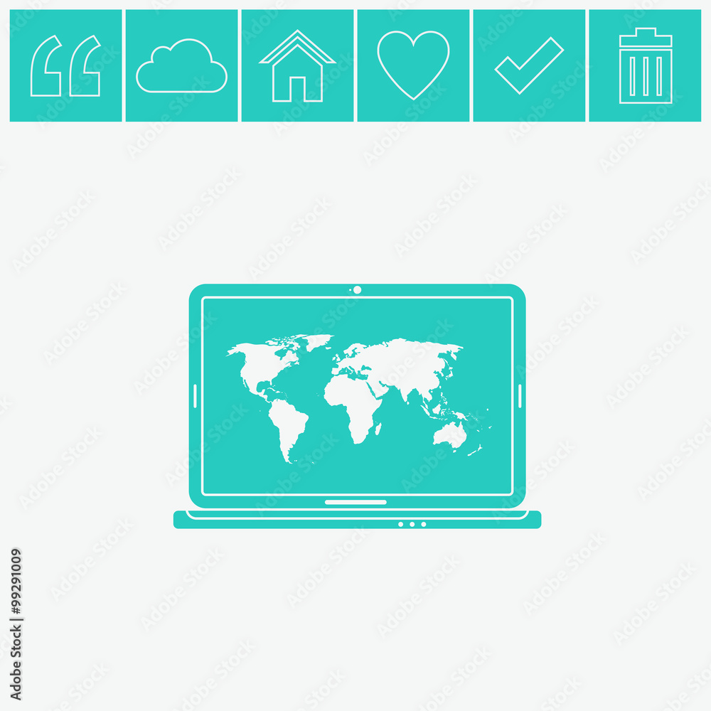 Laptop with world map vector icon. Laptop with world map vector icon.