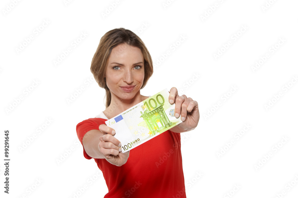 Woman holding euros - She displays a one hundred euro note Woman holding euros - She displays a one hundred euro note