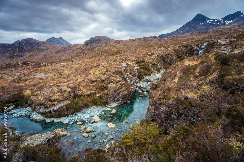 River Sligachan and the Cuillin Mountains on a cloudy afternoon - Isle of Skye, Scotland, UK