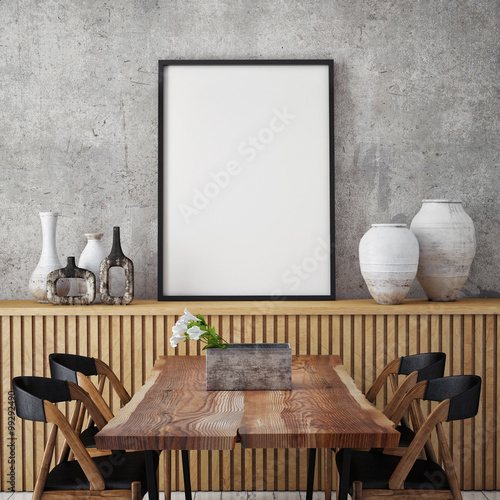 mock up poster frame in hipster interior background, 3D render