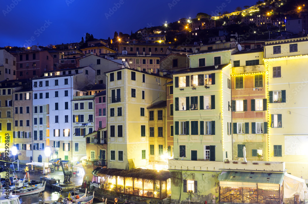 Camogli, Genoa, marina night view. Color image