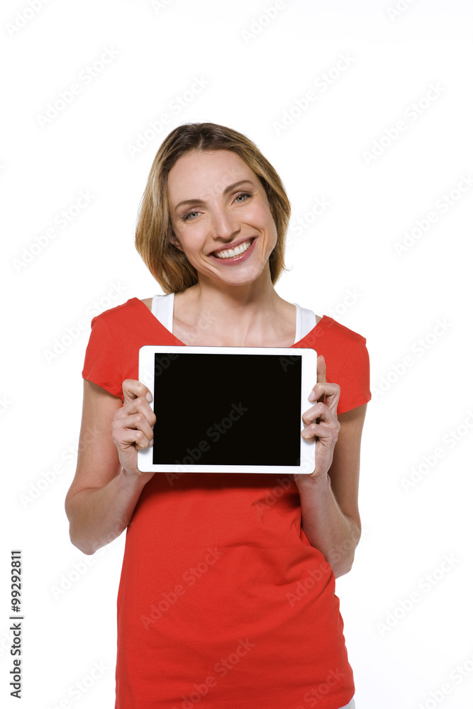 Young modern woman presenting a tablet - isolated on white Young modern woman presenting a tablet - isolated on white