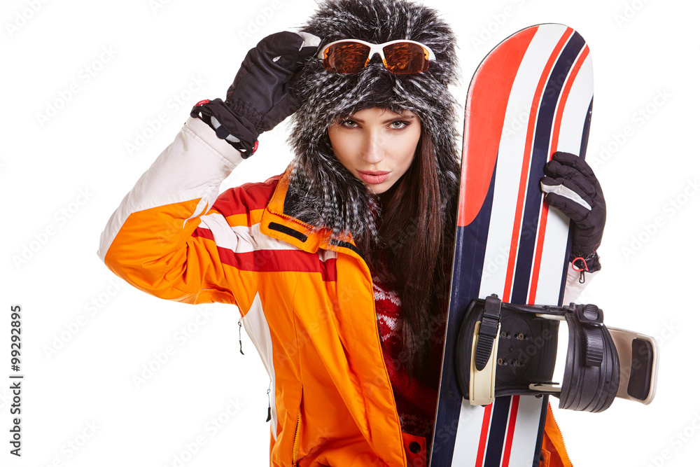 Portrait of a styled professional model with snowboard