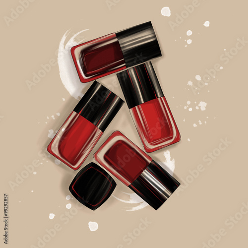  Hand drawn illustration of nail polish bottles on neautral background and watercolor brush strokes photo