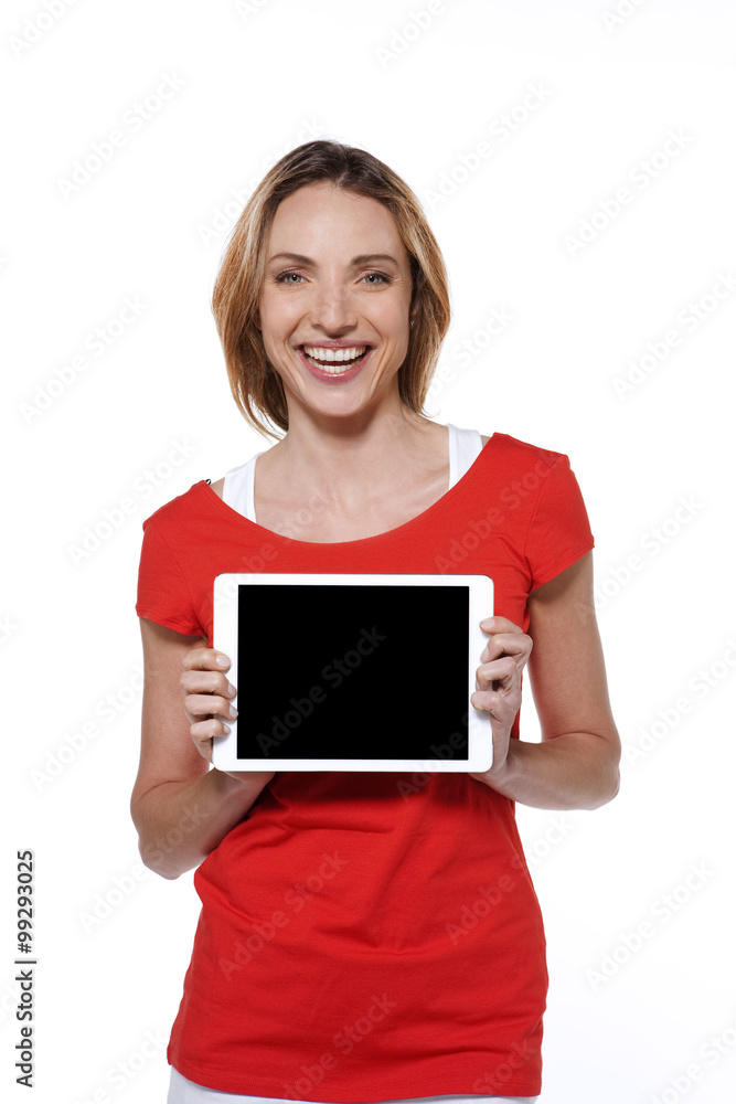 Young modern woman presenting a tablet - isolated on white Young modern woman presenting a tablet - isolated on white