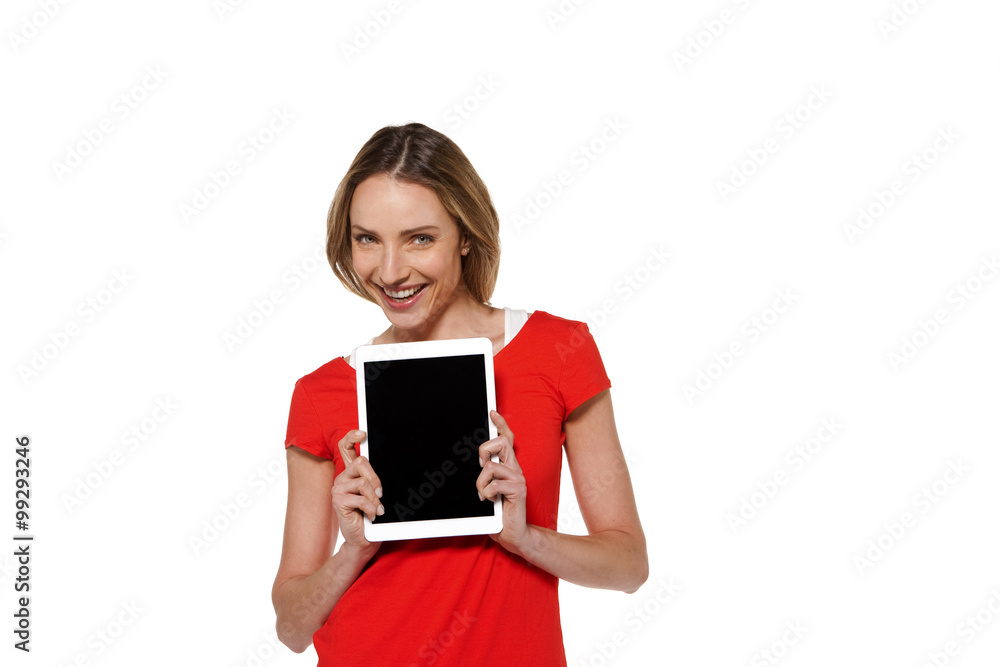 Young modern woman presenting a tablet - isolated on white Young modern woman presenting a tablet - isolated on white