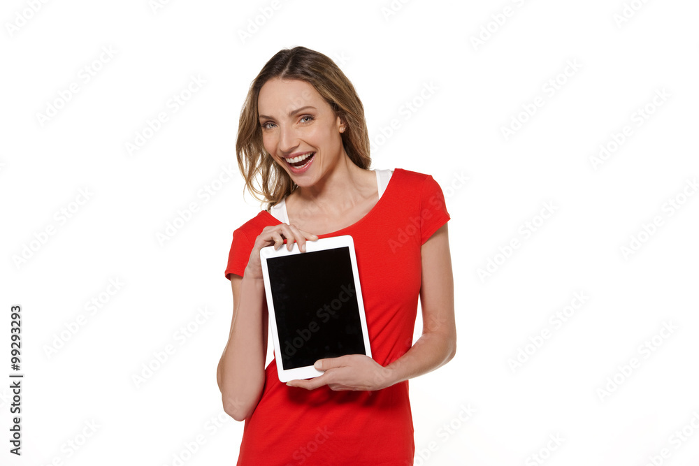 Young modern woman presenting a tablet - isolated on white Young modern woman presenting a tablet - isolated on white