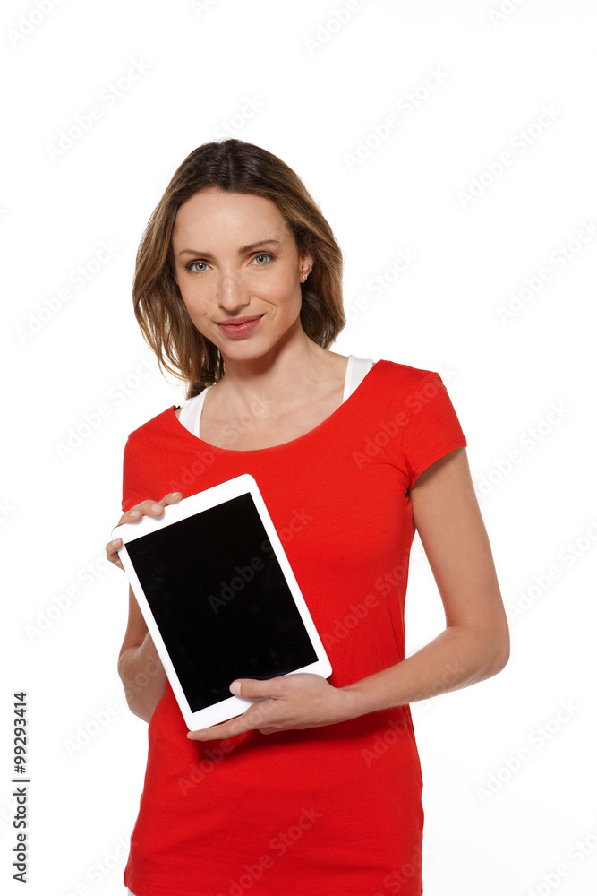 Young modern woman presenting a tablet - isolated on white Young modern woman presenting a tablet - isolated on white