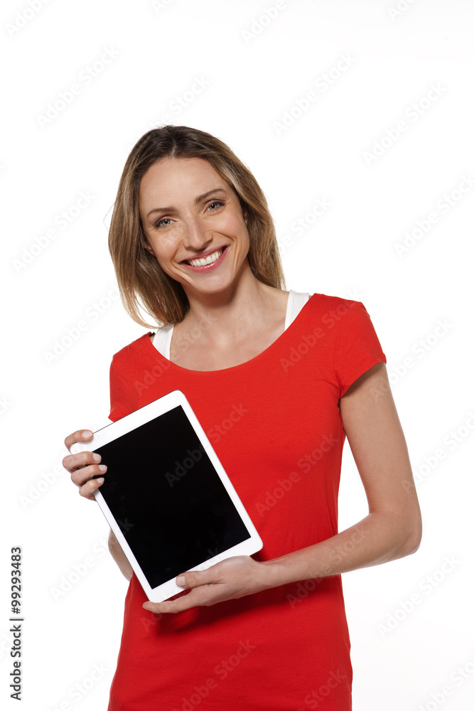 Young modern woman presenting a tablet - isolated on white Young modern woman presenting a tablet - isolated on white