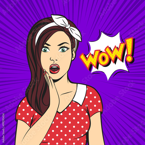 Vector pop art surprised woman face with open mouth and a WOW bubble