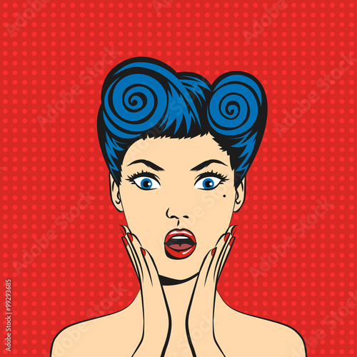 Vector pop art surprised woman face with open mouth 