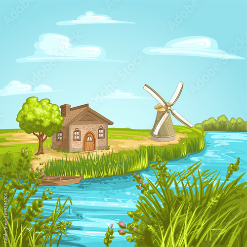 Illustration with house near river 