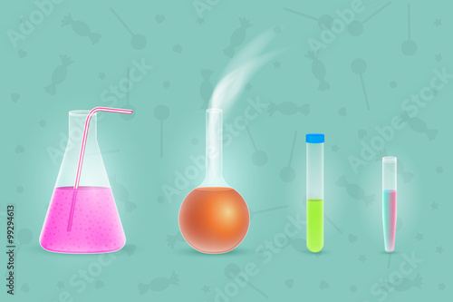 Chemical test tube. Chemical lab equipment. Experiment flasks for science experiment. Cute colors. Vector illustration