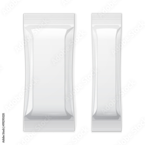 Two White Blank Foil Packaging Sachet Coffee, Salt, Sugar, Pepper Or Spices Stick Plastic Pack Ready For Your Design. Snack Product Packing Vector EPS10 