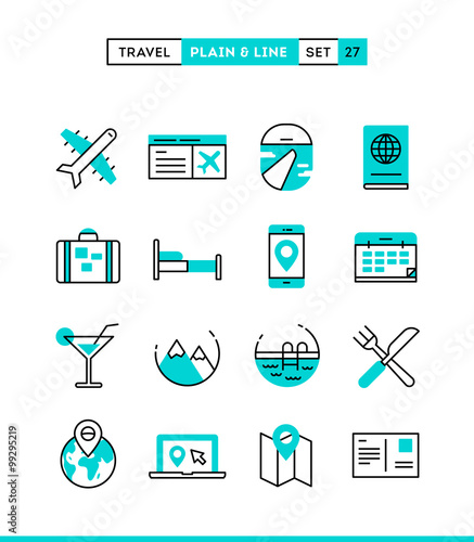 Travel, flight, accommodation, destination booking and more. Plain and line icons set, flat design, vector illustration