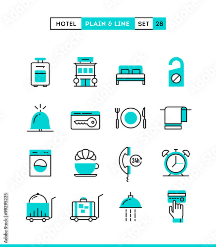 Hotel,accommodation, room service, restaurant and more. Plain and line icons set, flat design, vector illustration
