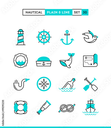Nautical, sailing, sea animals, marine and more. Plain and line icons set, flat design, vector illustration