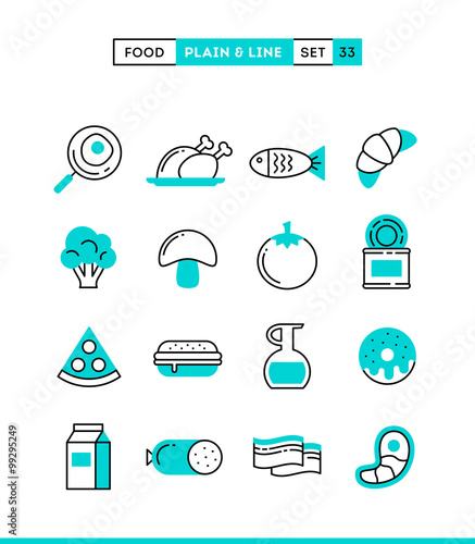 Food, meat, vegetables and more. Plain and line icons set, flat design, vector illustration
