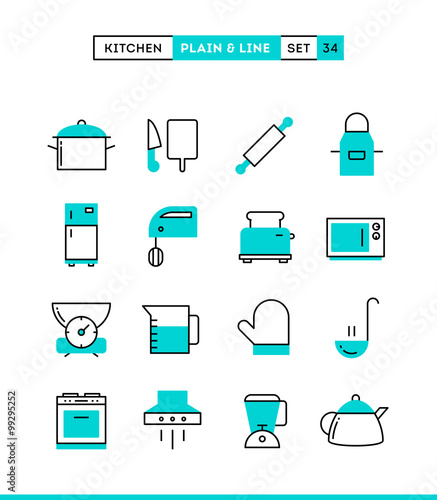 Kitchen utensils, food preparation and more. Plain and line icons set, flat design, vector illustration