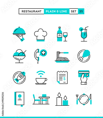 Restaurant, phone ordering, meal, receipt and more. Plain and line icons set, flat design, vector illustration
