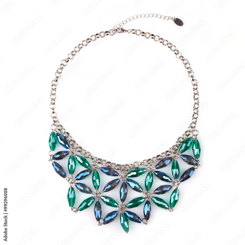Silver necklace with blue and green rhinestones Silver necklace with blue and green rhinestones