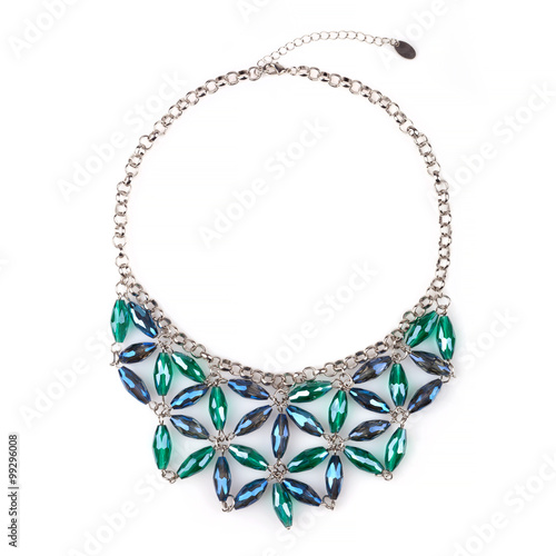 Silver necklace with blue and green rhinestones