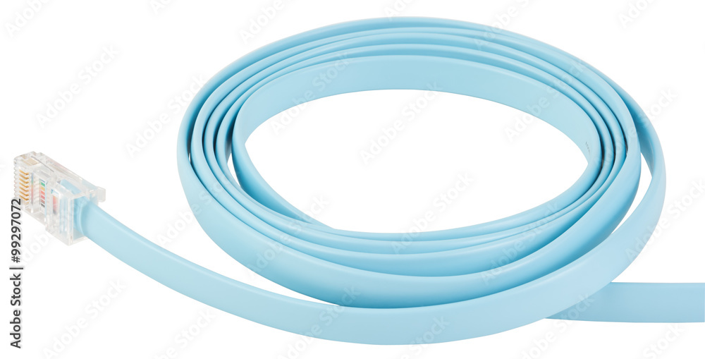 Blue flat cable and RJ45 connector. Object is isolated on white background without shadows.
Blue flat cable and RJ45 connector. Object is isolated on white background without shadows.