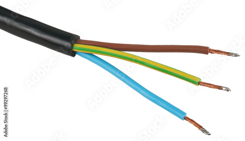 The bare wires of the electric power cable. Object is isolated on white background without shadows.
