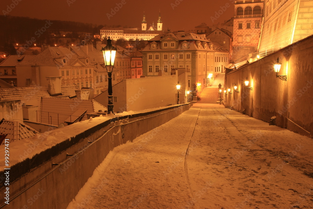 Winter in Prague,  beautiful snow evening, view from the heights of Prague Castle