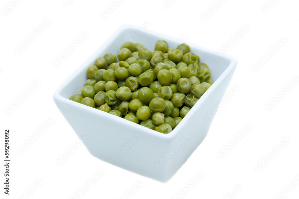 Cooked peas on square bowl on a white background Cooked peas on square bowl on a white background