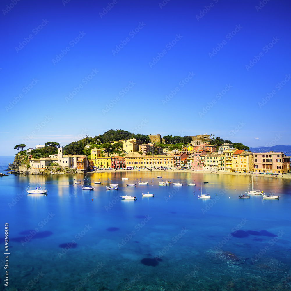 Sestri Levante, silence bay sea harbor and beach view. Liguria,