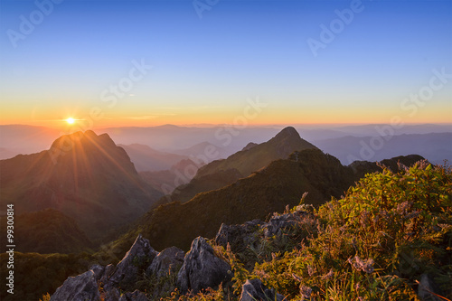 twilight between the sun set at the peak of Chiang Dao mountain,Chiang Mai,Thailand with the beauty alpine scene